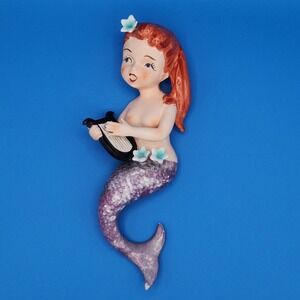 Vintage 1950's #3107 Lefton Lusterware Redheaded Mermaid playing a Harp